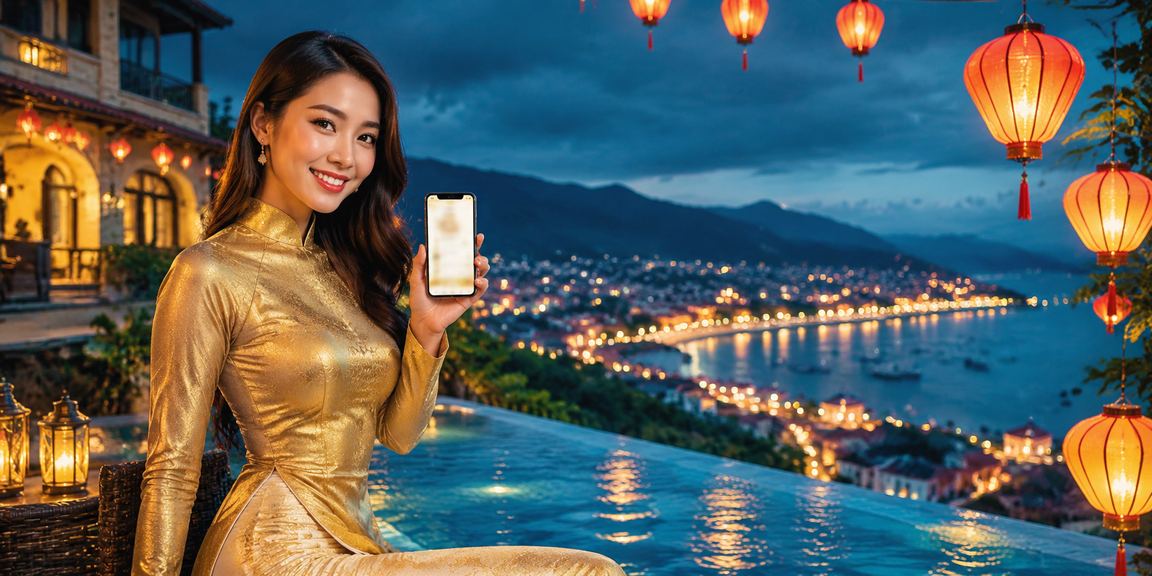 Người dùng Hội An trải nghiệm ứng dụng casino trên điện thoại trong trang phục áo dài